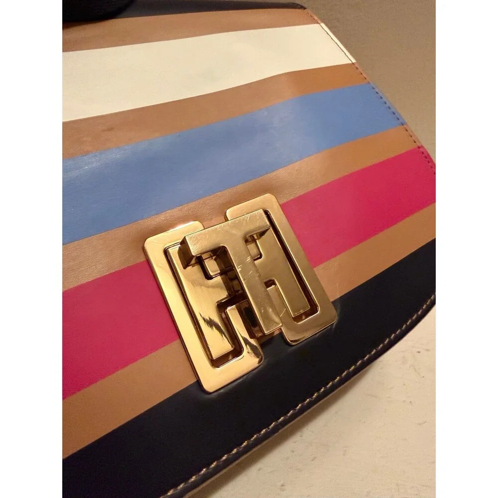 Tommy Hilfiger Genuine, Leather Stripped Saddle Crossbody Bag EUC